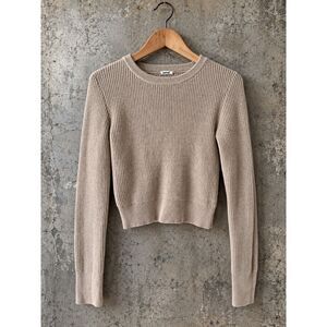Garage Beige Waffle Knit Cropped Sweater Long Sleeve Crewneck